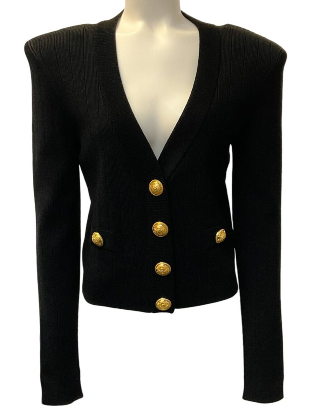 Balmain Black Ribbed Knit V Neck Cardigan with Gold Buttons